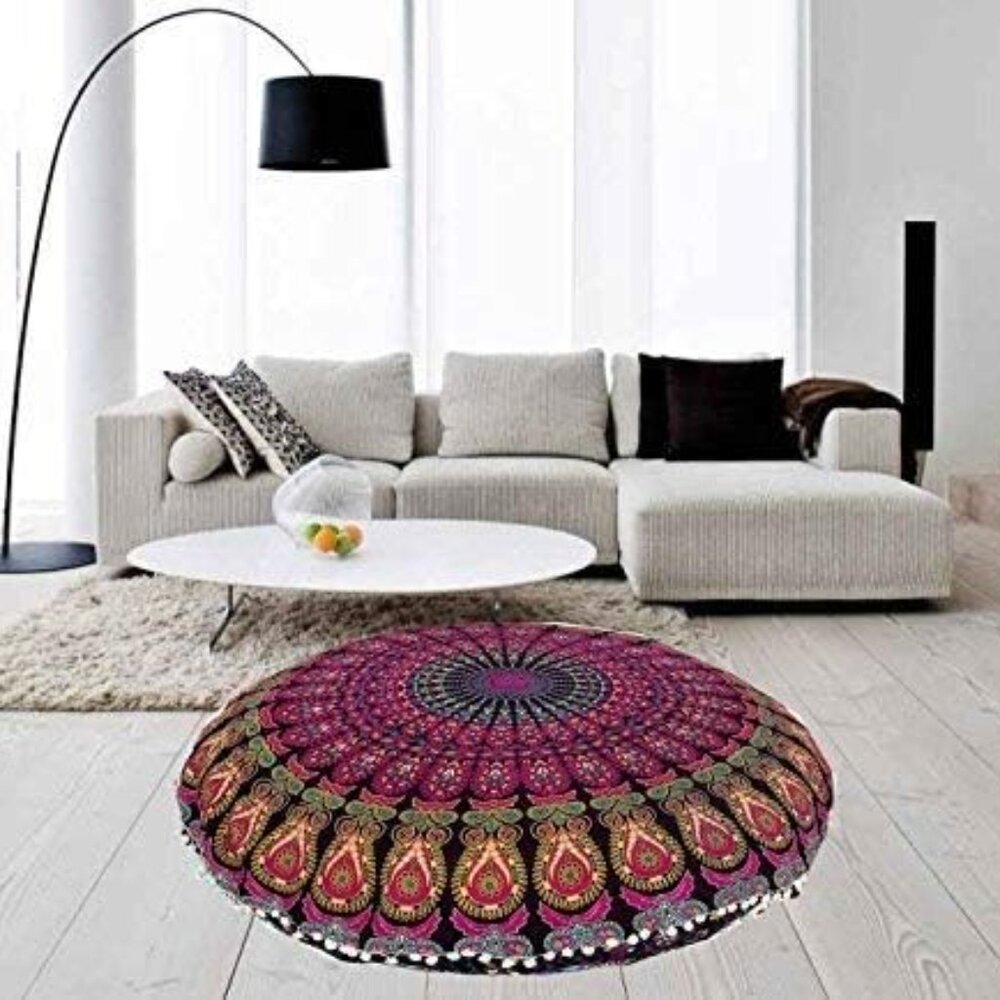 NEW Large Decorative Boho Pillowcase Mandala Indian Floor Sham Tassels Round 32"